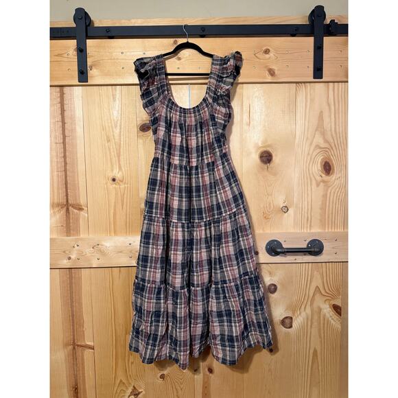 Madewell Flutter-Sleeve Tiered Midi Dress in Plaid Boho Cottage Women’s Size L - Picture 2 of 5